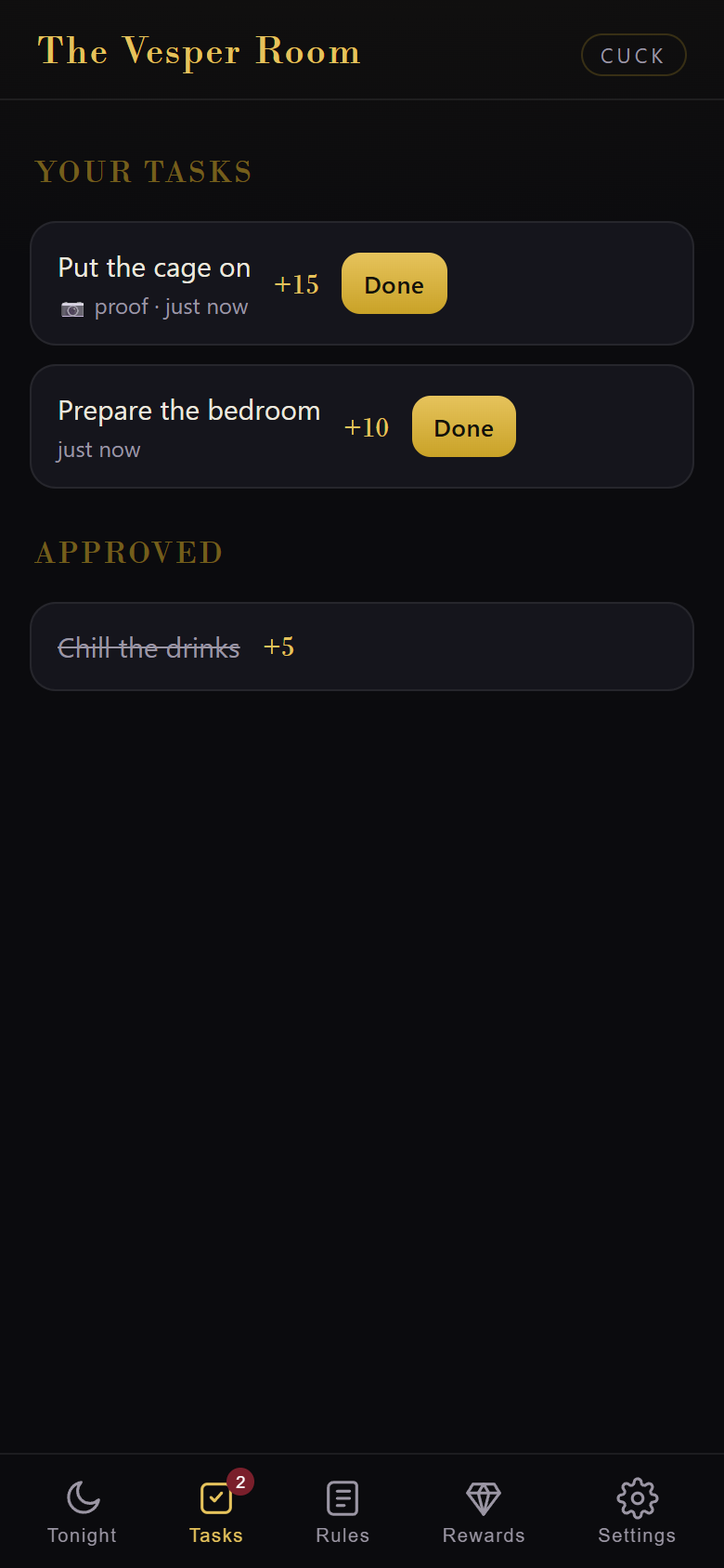 The Vesper Room tasks screen: open tasks with points and a photo-proof requirement