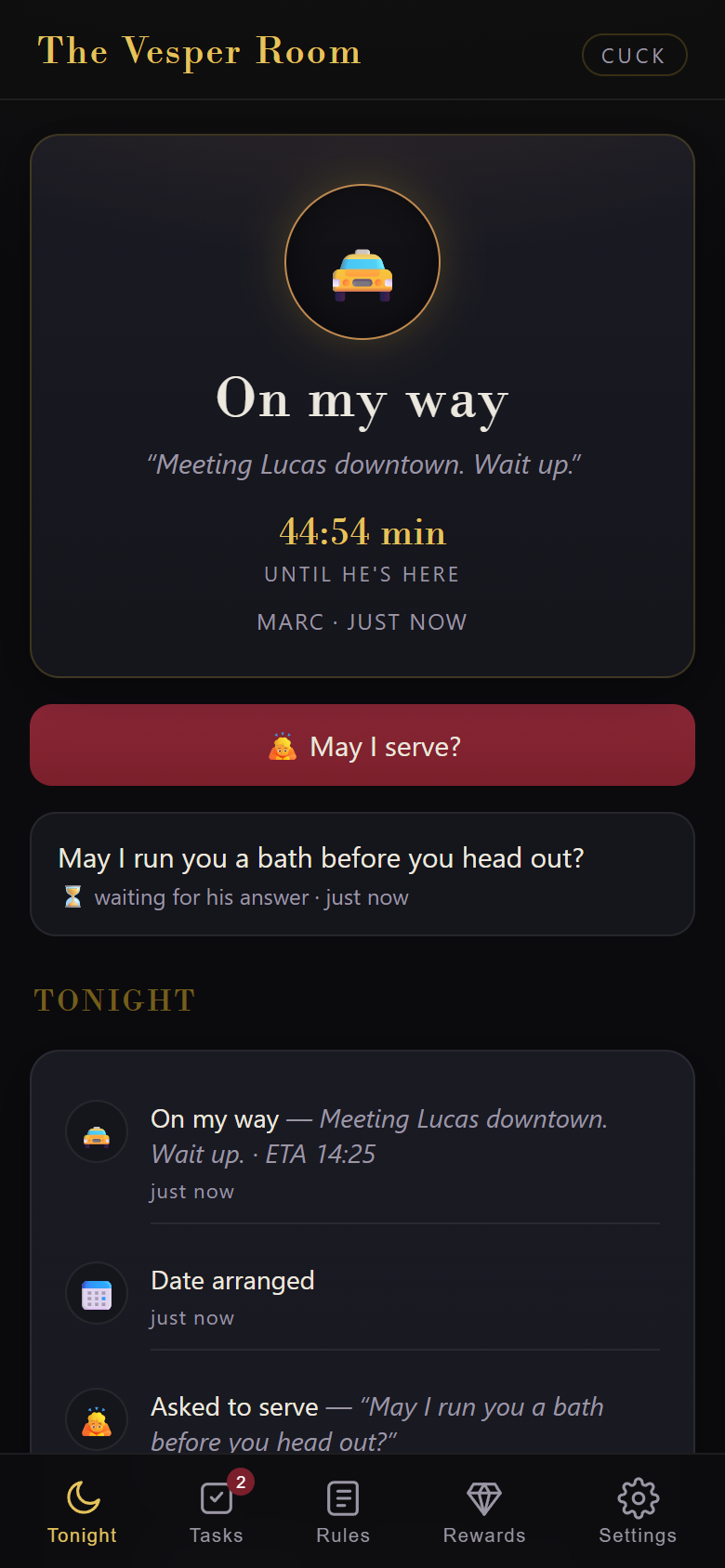 The Vesper Room 'Tonight' screen: status 'On my way' with a 45-minute countdown